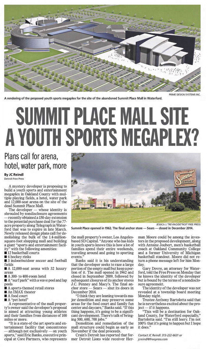 Summit Place Mall (Pontiac Mall) - April 2017 Article About Proposed Sports Plex